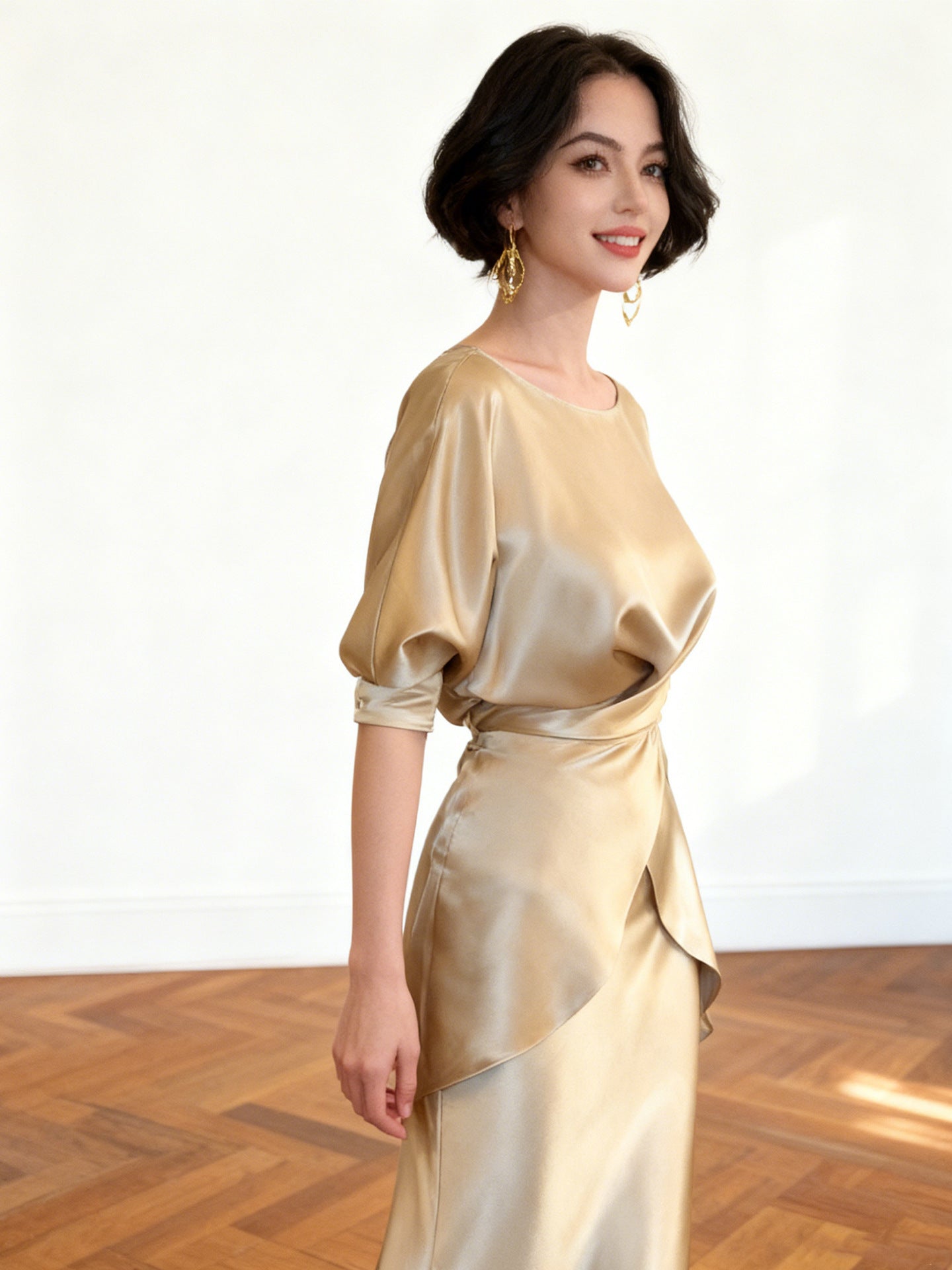 Spring Autumn Satin Elegant Top And Fishtail Midi Skirt Chic Two-piece Set