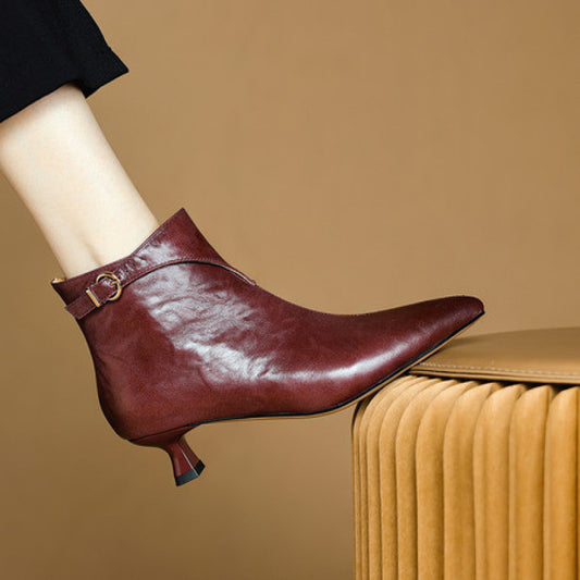 French-style Vintage Pointed-toe Mid-heel Ankle Boots For Women