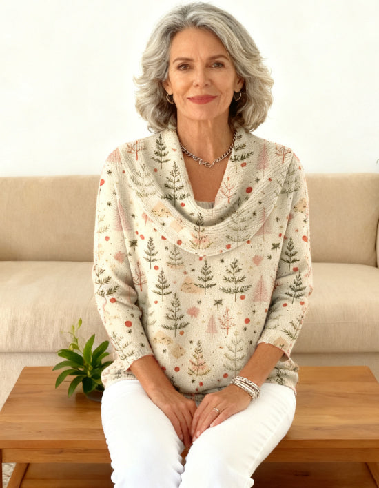 Women's Christmas Tree Pattern Art Print Cowl Neck Sweater
