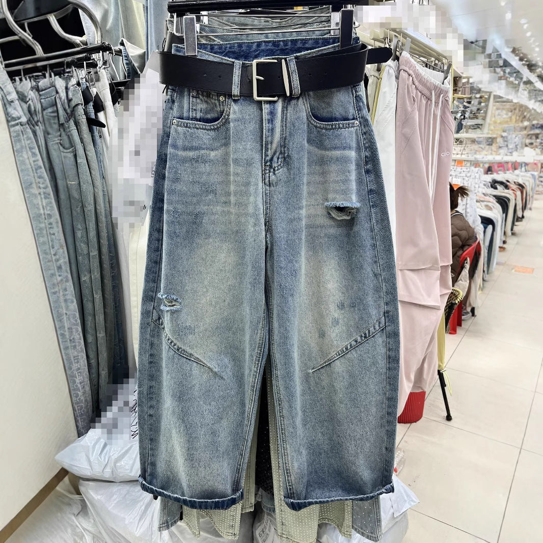 Cropped Straight High Waist Slimming Holes Wide-leg Pants