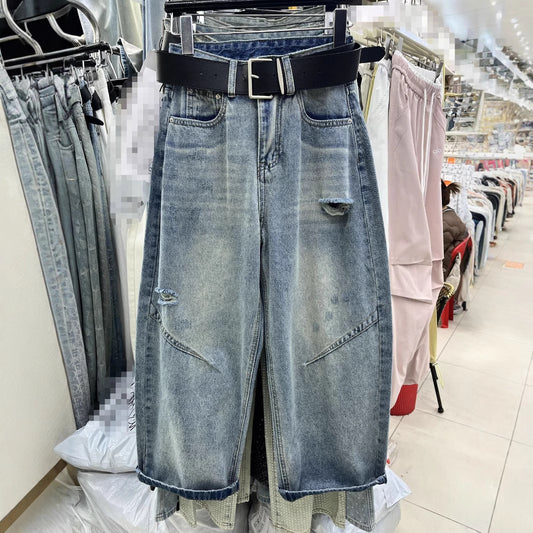 Cropped Straight High Waist Slimming Holes Wide-leg Pants