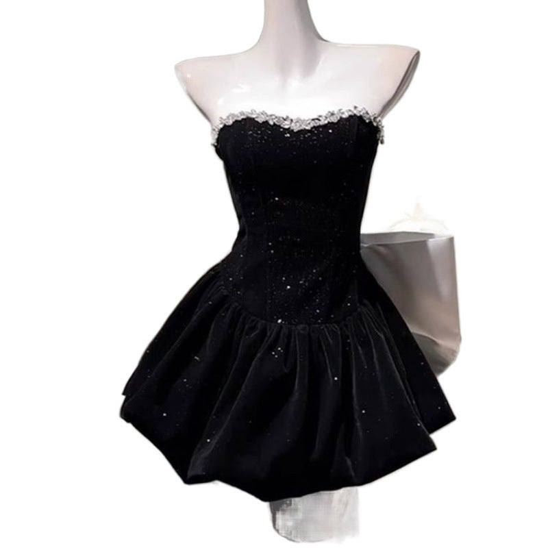 Birthday Little Dress High-end Light Luxury Niche Princess Puff Dress Bow Strapless Velvet Dress
