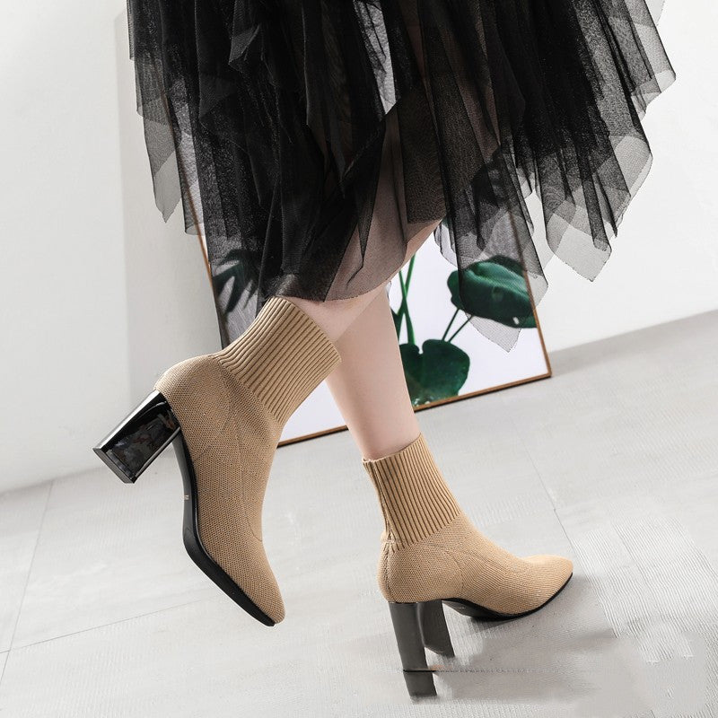 New Style Knitted Stretch Thin Boots Fashion Electroplated Thick Heel Ankle Boots