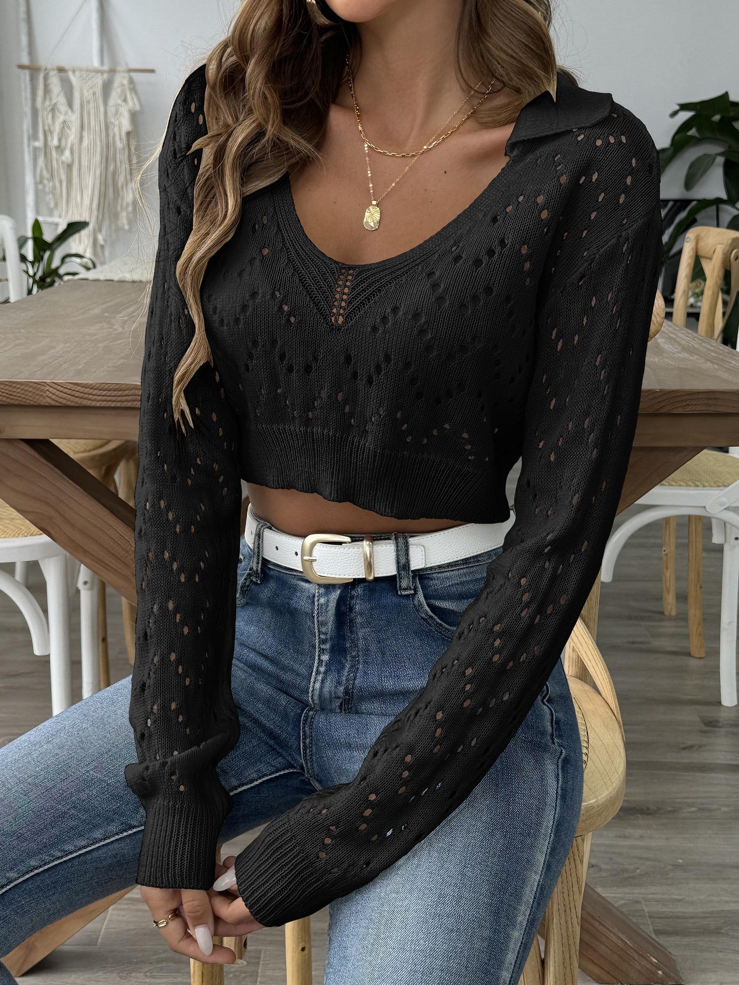 Polo Collar Hollow-out Cropped Pullover Sweater