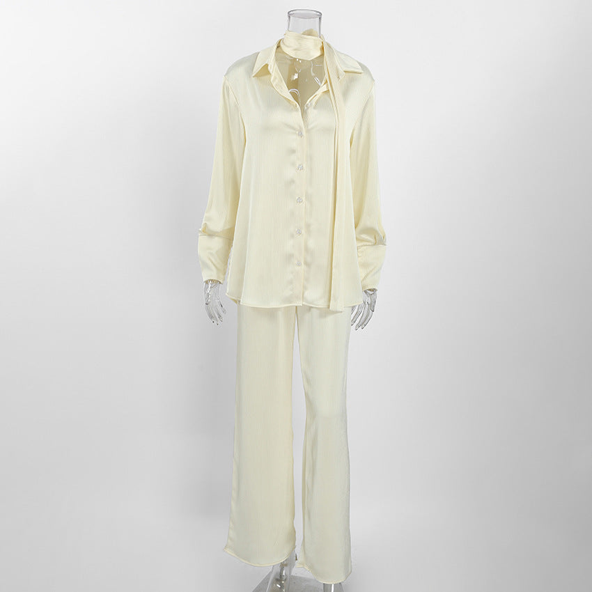 French Niche Design Yellow Long-Sleeve Loose Shirt And Pants Set