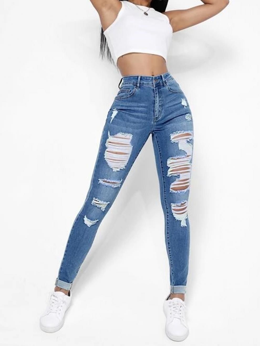 Skindbukser til damer med høj talje, slim fit, slankende huller, skinny bukser