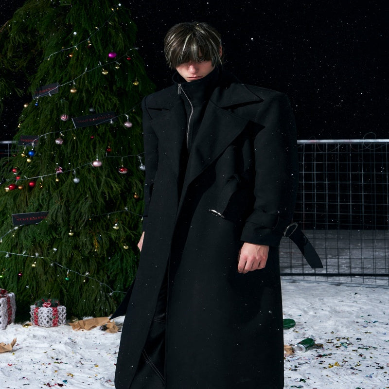 Mens Black Stand-Up Collar Quilted Thickened Faux Suede Wool Coat