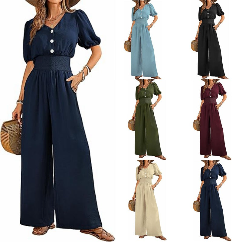 Neck-gathered Bodysuit With Casual Wide-leg Pants
