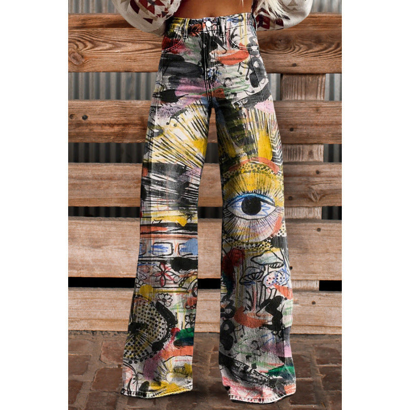 Digital Print Casual Versatile Plus-size Faux Denim Jeans 3D