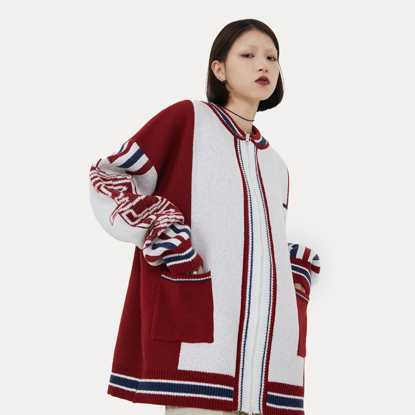 American College Style Ins Letters Loose Color Matching Sweater