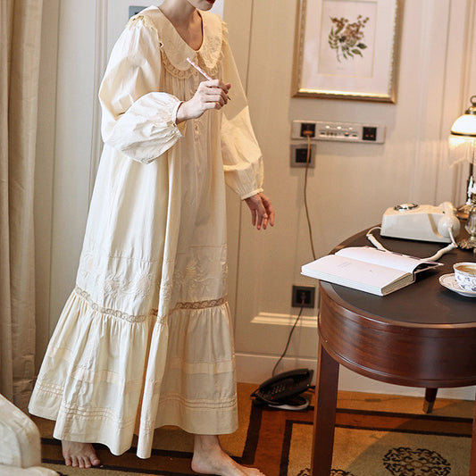Retro French-style Cotton Nightgown With Embroiderywearable Outside The Home