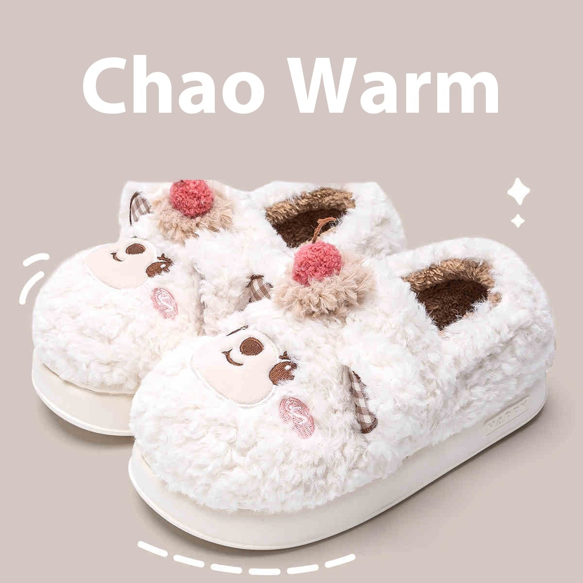 Women's Platform Heel Covered Plush Warm Cherry Bear Cotton Slippers