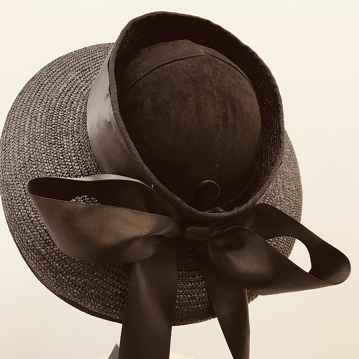 Hepburn Wind Big Ribbon Bowknot Elegant Retro Hollow Top Beach Straw Hat Girl