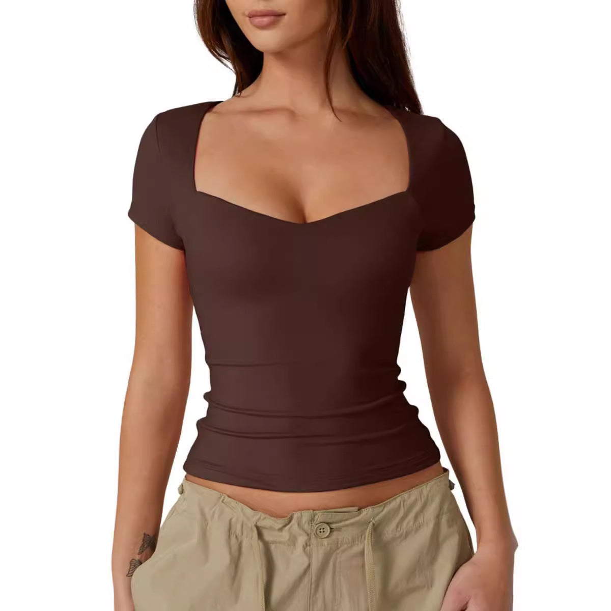 Amazon Cross-border Women's Heart-shaped Collar Short Sleeve T-shirt Women's Solid Color Slim Basic Fashion Exposed Navel