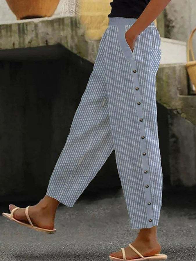 Printed Striped Button-binding Elastic Waist Cropped Pants