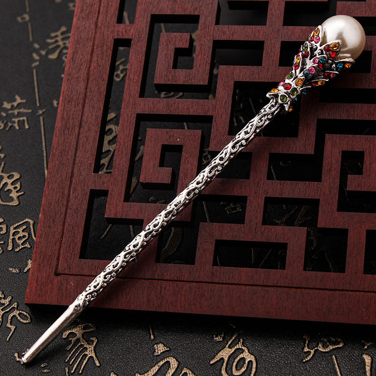 Vintage Bronze Hairpin With Rhinestones And Pearls