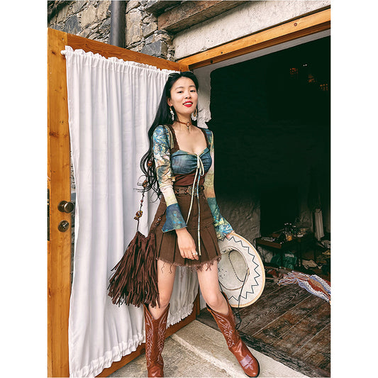 Women's Raw Edge Brown Denim Skirt