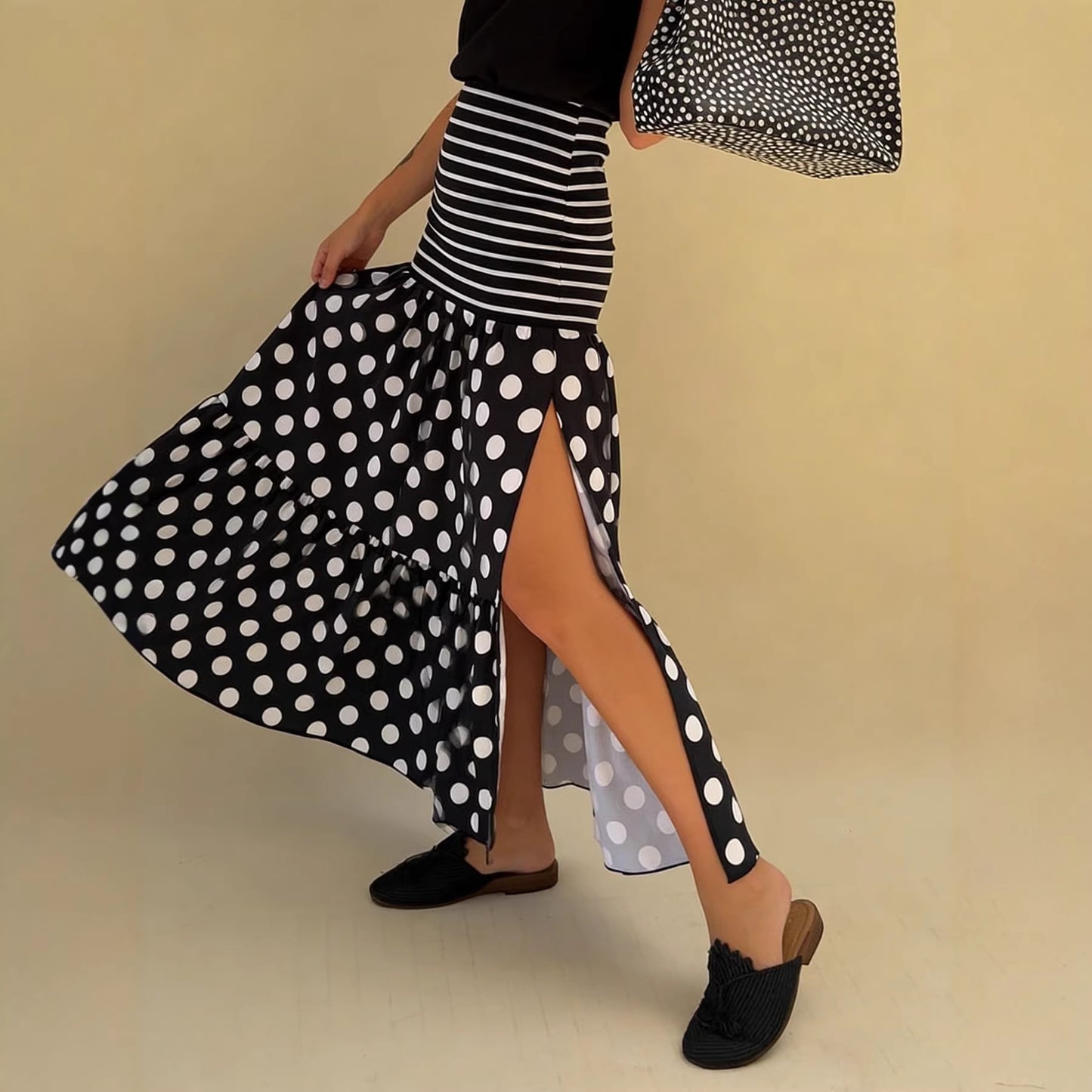 Striped And Polka-dot Long Skirt With A Slit