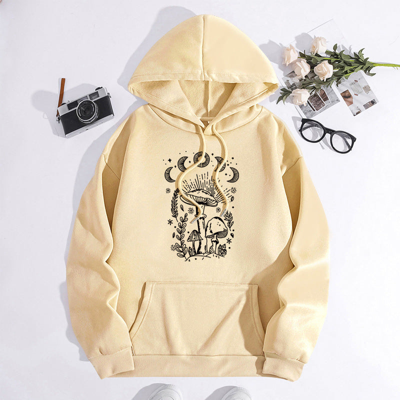 Printed Heel Wrap Collar Velvet Thickened Hooded Sweatshirt
