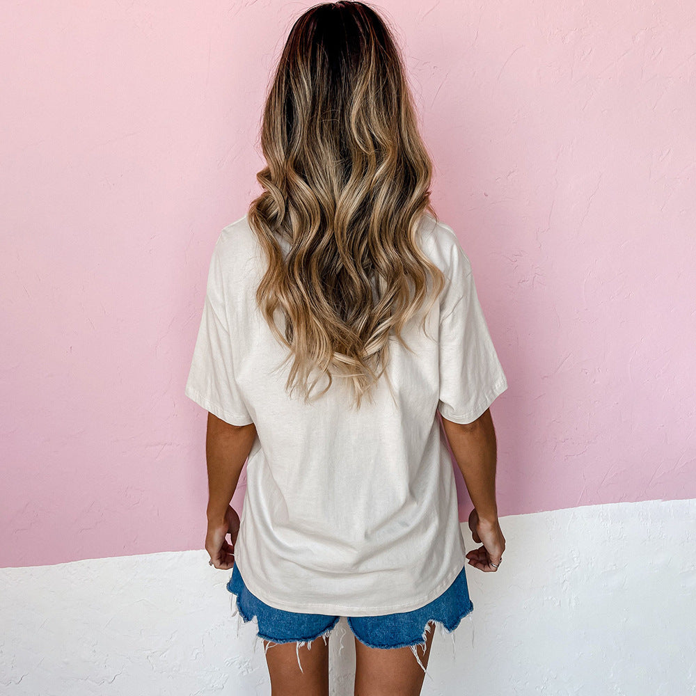 European And American Letters Printed Round Neck Short-sleeved Ripped Loose Casual T-shirt