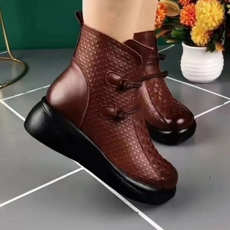 Womens Soft Leather Round-toe Soft-soled Fleece-lined Warm Boots