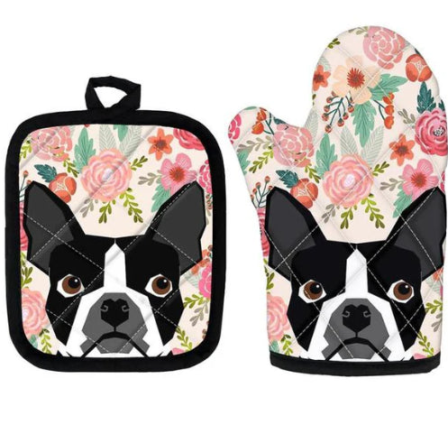 Cute Pug Print Insulated Oven Mitt And Trivet Set 2 Pieces