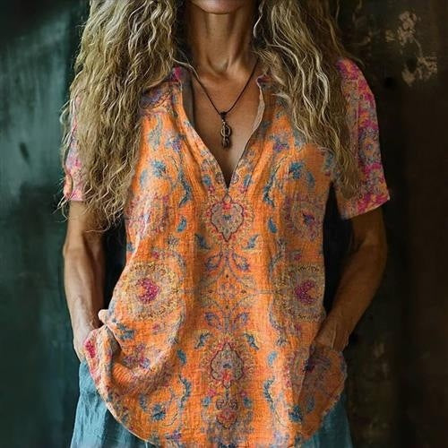 Printed Women's Spring And Summer Loose V-neck Short Sleeve Top 3D