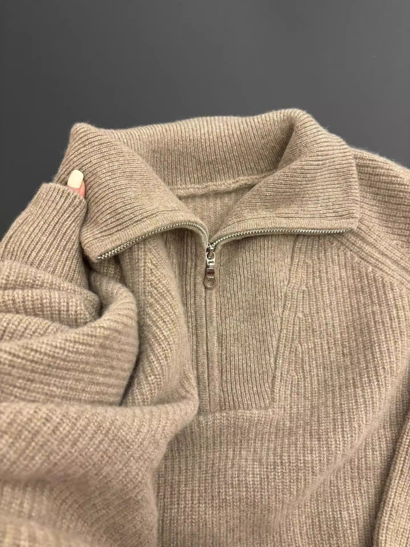 Raccoon Fur High Neck Semi-Zip Pullover Sweater Women