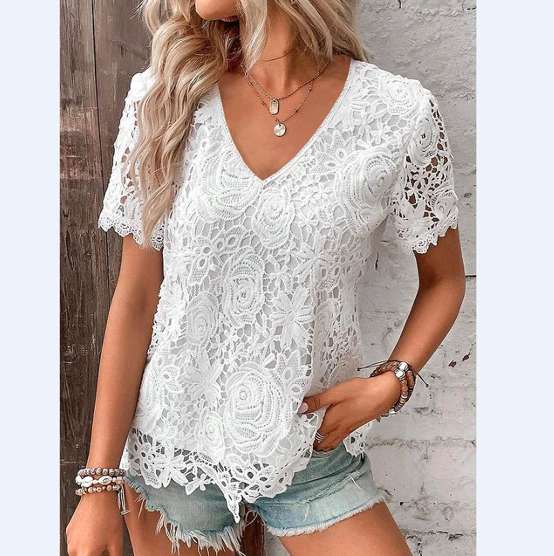 Short Sleeve Lace V-neck Loose Sweet Stripe T-shirt
