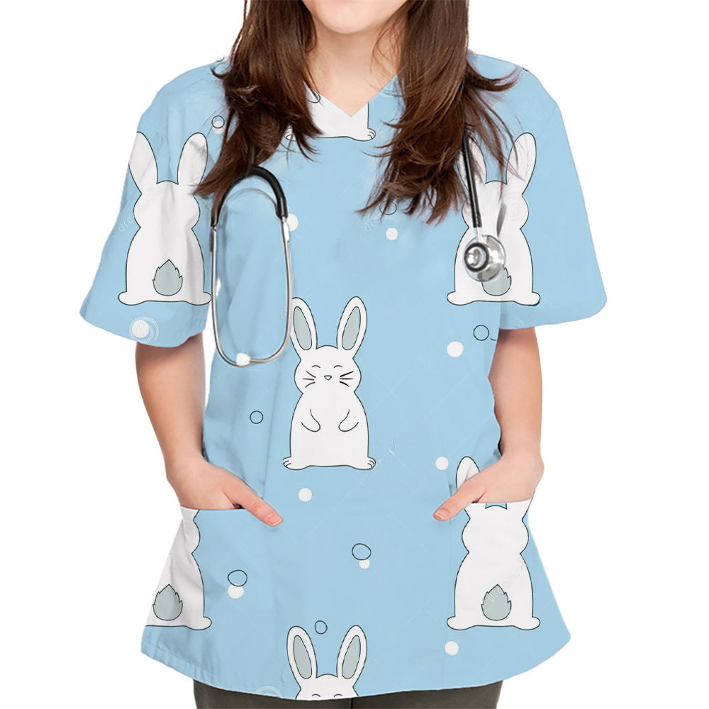 V-neck Cute Plain Pattern Series 3D Cloth For Nursing Workers