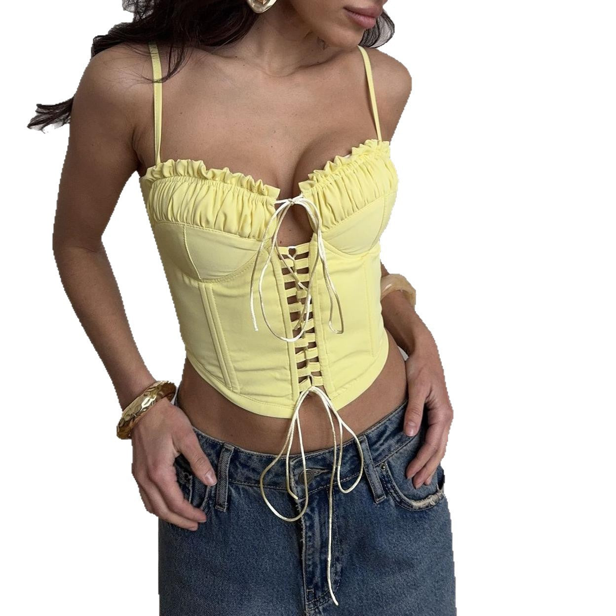 Spliced Lace-up Fishbone-strapped Camisolebra Top