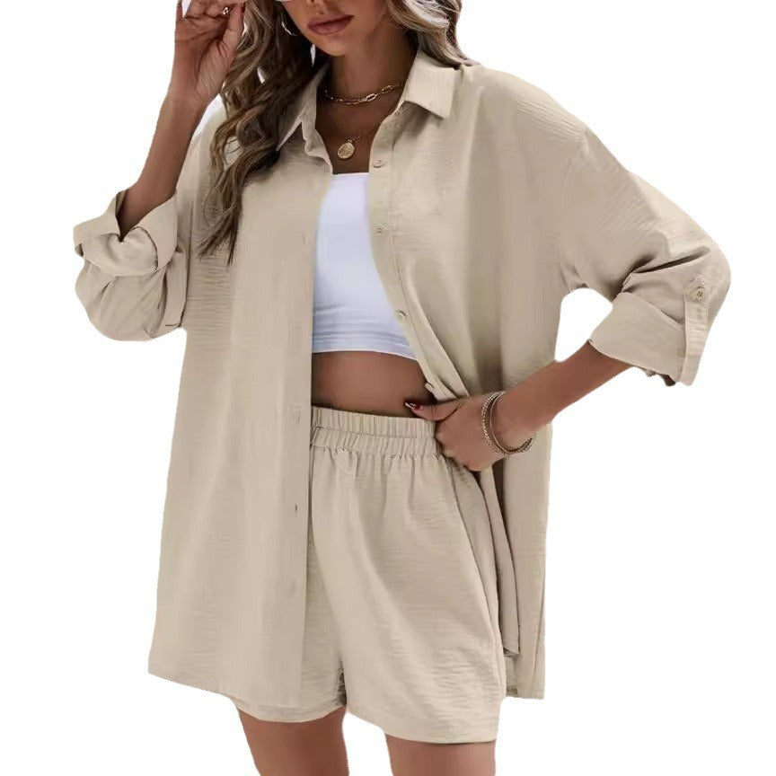 Spring Solid-Colored Lapel Long-Sleeve Shirt And Elastic High-Waist Shorts Casual Set