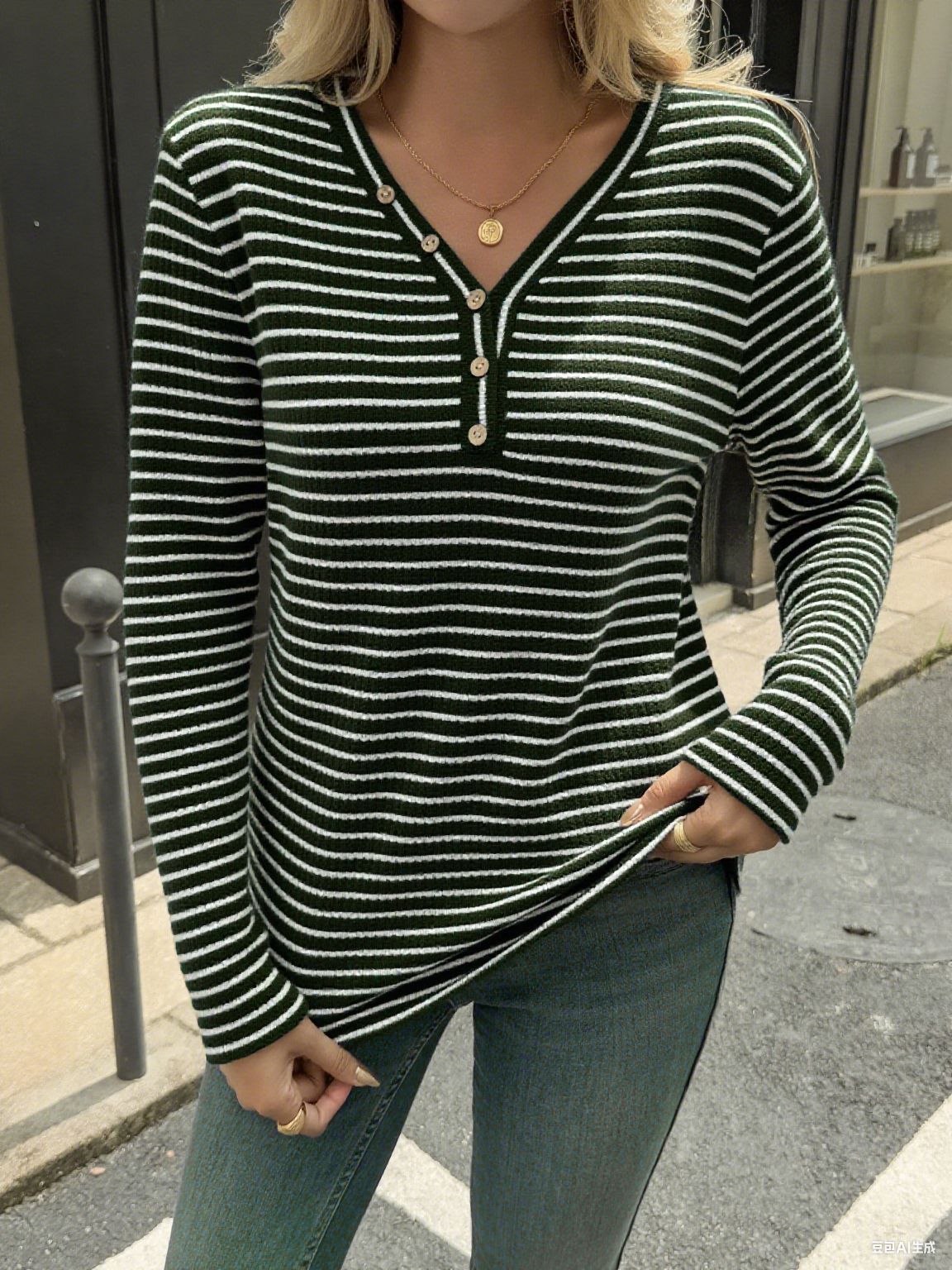 Pineapple Plaid Striped V-neck Long-sleeved T-shirt Women's Top