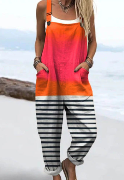 Women's Fresh And Sweet Digital Print Button Suspender Casual Pants