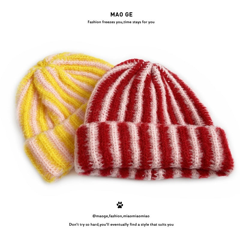 Cat Brothers New Stylish Contrast-color Striped Knit Beaniefashionable Color-blocked, And Warm For Boys And Girls In Fall And Winter