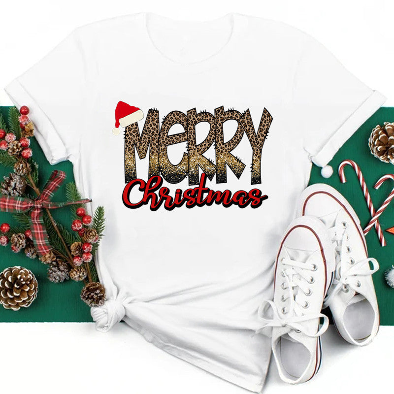 New Year Christmas Plus Size Round Neck Short Sleeve T-shirt
