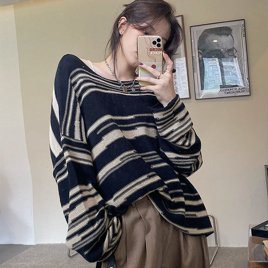 Lazy Style Knitwear Thin Women's Loose Round Neck Striped Sweater