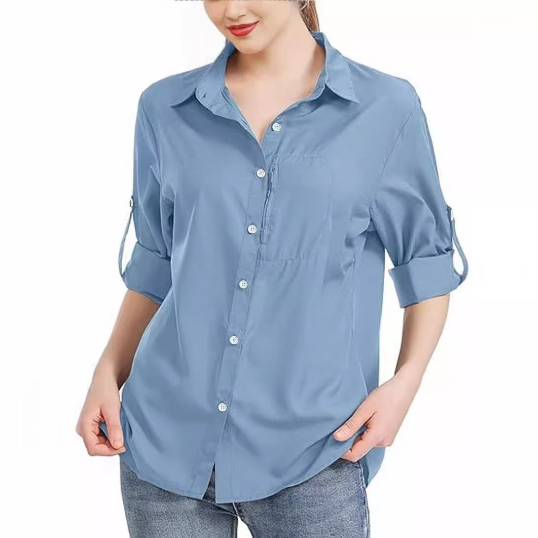 Women's Solid Color Business Lapel Zipper Pocket Long Sleeve Shirt