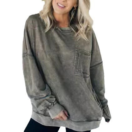 Vasket Bomuld Løstsiddende Afslappet Rundhalset Sweater T-shirt Til Kvinder