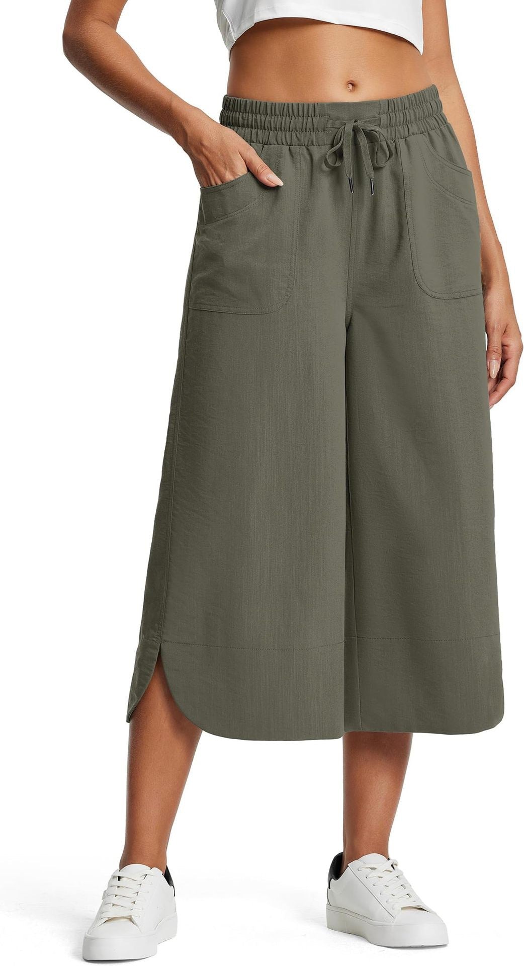 Summer Elastic Waist Solid Color Wide Leg Loose Casual Cropped Pants For Women