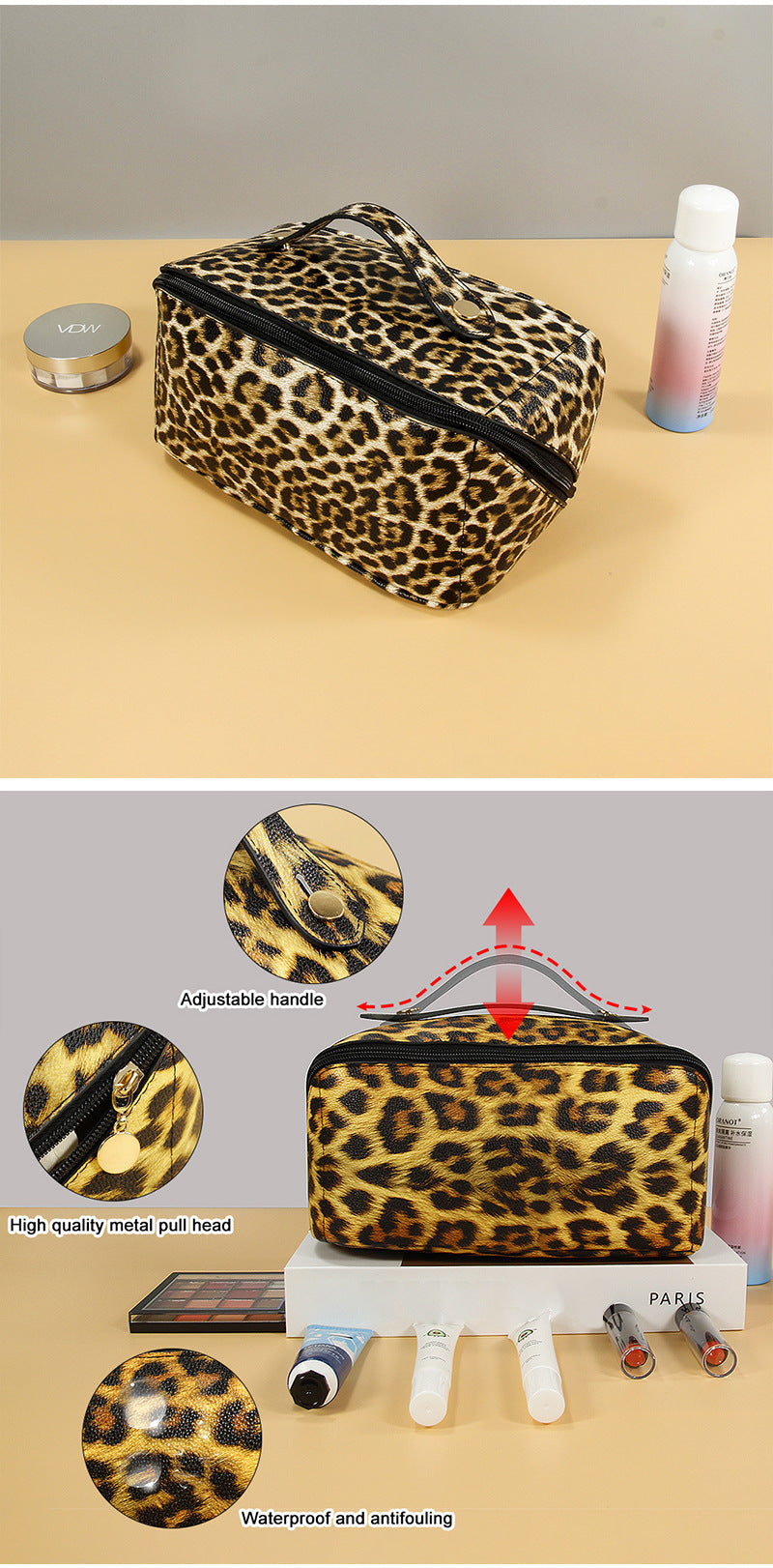 Women's Leopard PU Leather Wash Makeup Storage Bag Large Capacity Multifunctional