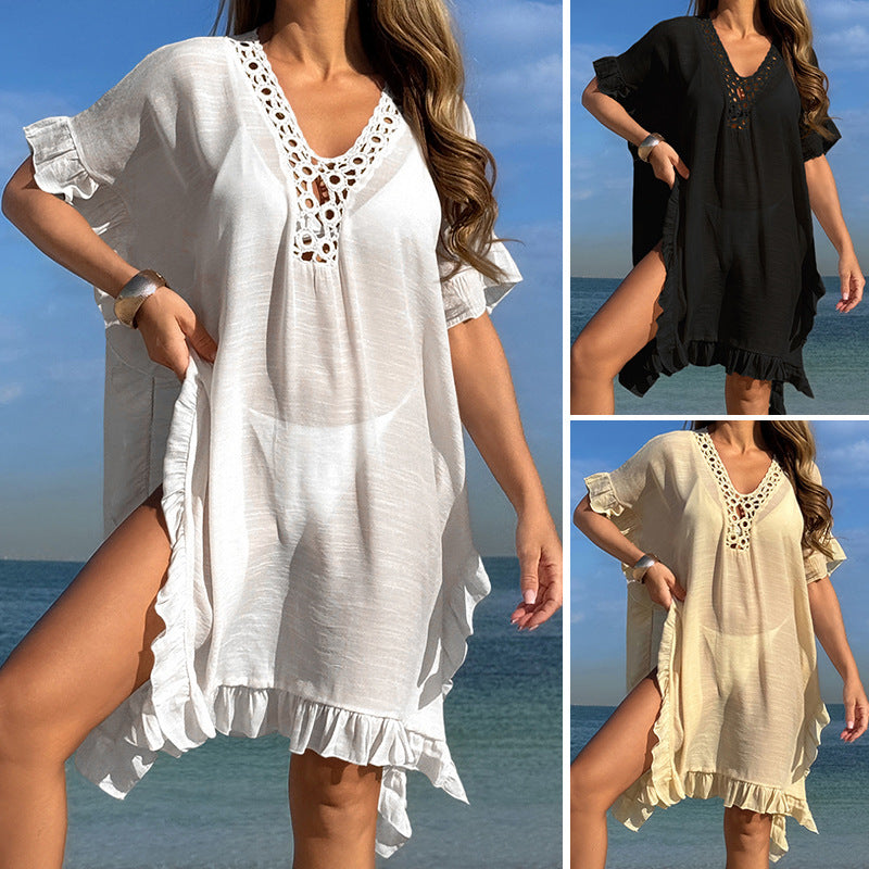 Hollow-out Hand-crocheted Floral Neckline With Ruffled Hem