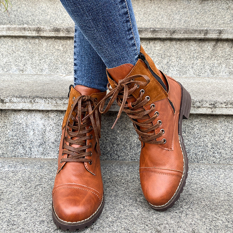 Couple Round Toe Martin Boots Chunky Heel Lace-up