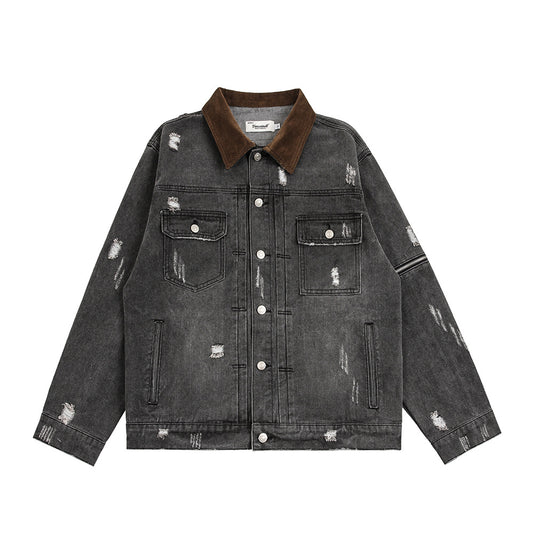 Ripped Distressed Denim Clothes Jacket Men's American Retro Design Sleeve Zipper Splicing Coat