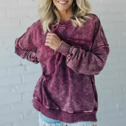 Vasket Bomuld Løstsiddende Afslappet Rundhalset Sweater T-shirt Til Kvinder