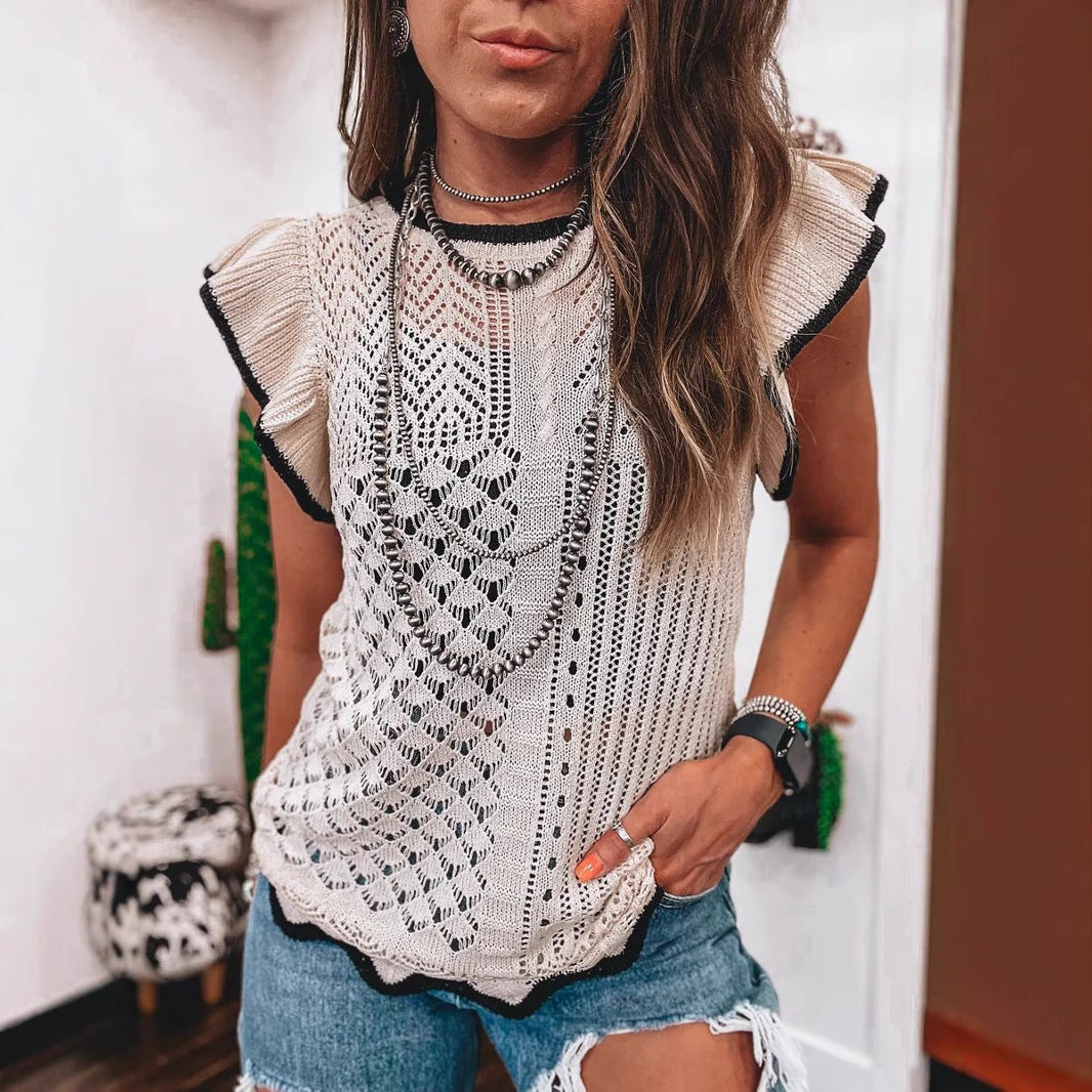 Crew-neck Knit Top With Hollow-out Design