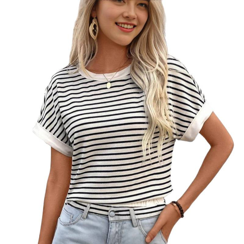 Womens Loose Casual Striped T-Shirt And Shorts Set