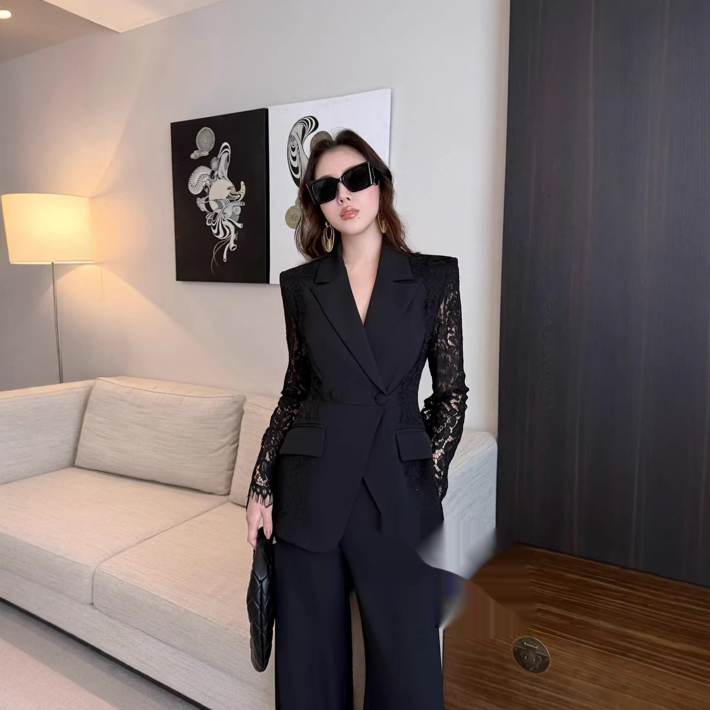 Spring Solid Color Lace Patchwork Suit Set
