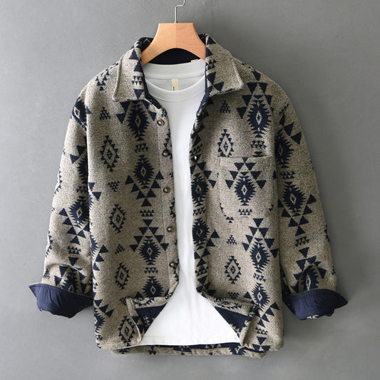 Efterår Ny Retro Jacquard Ulden Langærmet Casual Skjorte til Mænd