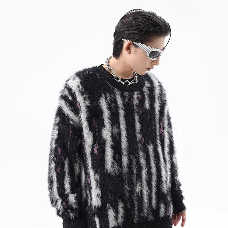 High Street Kontrastfarvede Lodrette Striber Rund Hals Efterår Vinter Retro Doven og Løs Minklignende Sweater